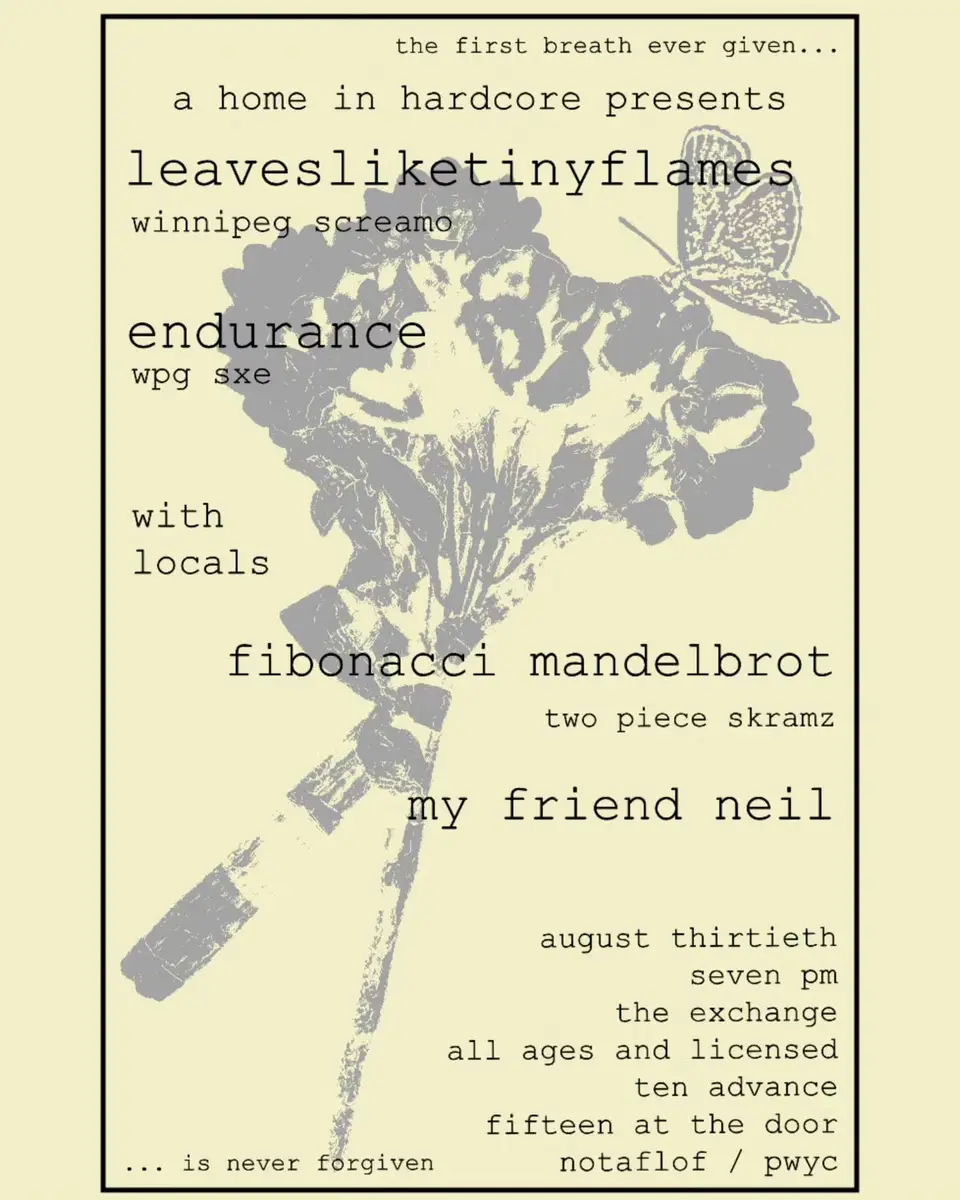 Leavesliketinyflames, Endurance, Fibonaccimandelbrot, My Friend Neil at The Exchange, Regina